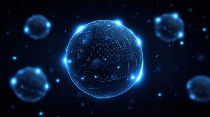 Futuristic glowing digital globe representing technological innovation with abstract data patterns and shimmering blue particles in a dark background