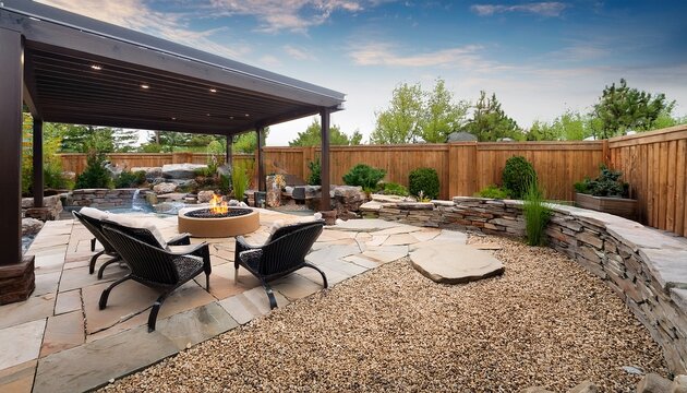 a beautifully designed backyard hardscape featuring stone patio fire pit and pergola backyard hardscape stone