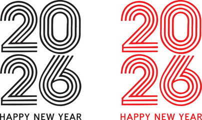 Happy New Year 2026 text in black and red concentric lines on white celebration greeting