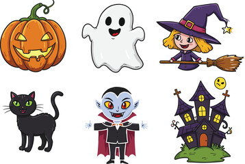 Halloween Cartoon Vector Set with Pumpkin, Ghost, Witch, Cat, Vampire, Haunted House – Fun, Festive, Spooky Holiday Characters
