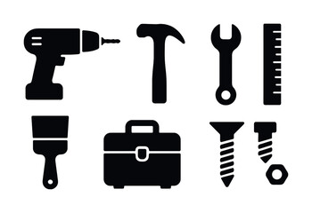 Silhouette icons of common hand tools and hardware on white background