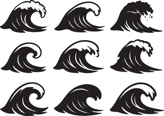 Naklejka premium Nine black and white stylized wave icons with splashing water details waves ocean