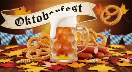 A mug of beer with a frothy head and pretzels on a wooden table with autumn leaves.