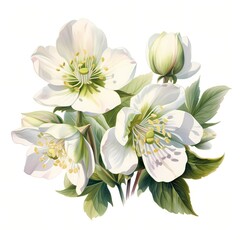 Obraz premium The illustration shows a cluster of pristine white hellebore flowers with vibrant green leaves, meticulously detailed in a realistic style.