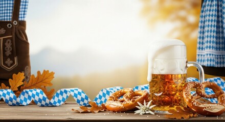 Two pretzels and a mug of beer on a wooden table with a blue and white checkered ribbon and autumn leaves.