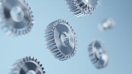 An abstract composition of polished metal gears floating on a blue gradient.
