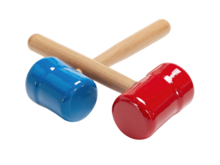 Two crossed wooden-handled hammers, one blue, one red