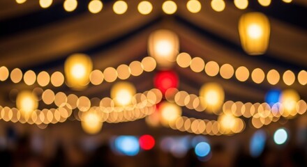 A festive tent with string lights and lanterns, creating a warm and inviting atmosphere.