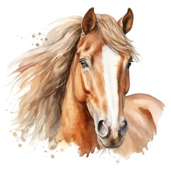 Fototapeta premium The watercolor painting shows a close-up of a horse's head, its coat is a rich chestnut color, and its mane is long and flowing.
