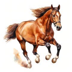 Obraz premium A watercolor painting depicts a chestnut horse with a long flowing mane and tail running at full speed against a white background.