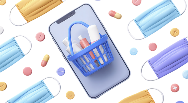 Smartphone displaying a shopping basket filled with medical supplies, surrounded by face masks and pills - Powered by Adobe
