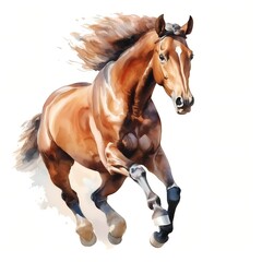 Obraz premium The illustration shows a brown horse running with its mane and tail streaming behind it, set against a bright white backdrop.