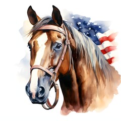 Obraz premium The illustration shows a detailed watercolor painting of a horse's head and neck, wearing a bridle, set against a softly painted American flag.