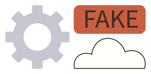 Gear symbol, cloud outline, and a fake tag. Ideal for technology, data security, misinformation, cloud computing, software digital manipulation and automation concepts. Minimal flat metaphor