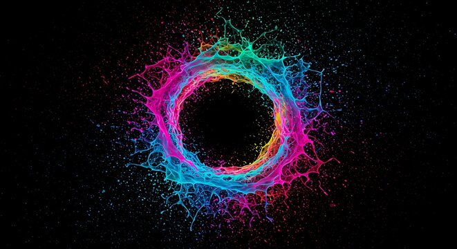 Dynamic explosion of vibrant multicolored paint powder creating a circular splash frame. An abstract concept of a cosmic portal or energy vortex - Powered by Adobe