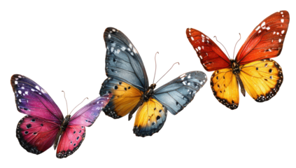 Three colorful butterflies in flight against a black background
