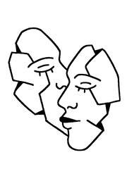 Two abstract faces in profile, touching, with a broken, fragmented style