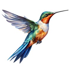 Fototapeta premium The illustration shows a hummingbird with vibrant green, orange, and blue feathers, wings outstretched in mid-flight against a white background.