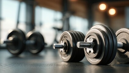 Naklejka premium Close-up of gray dumbbells on gym floor