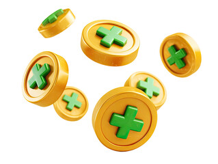 Gold coins with green plus signs floating in the air