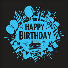 Happy Birthday graphic illustration with cake, gift boxes, balloons, cone hats in blue on black