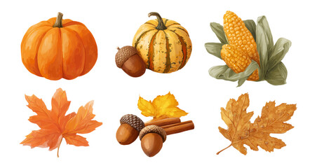 Collection of Isolated Autumn Elements on Transparent Background