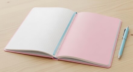 Fototapeta premium Open Pink Notebook with Pen on Wooden Desk Workspace Simplicity