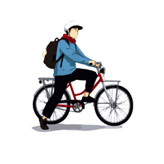 Obraz premium Young Man Riding Bicycle with Backpack Red Bike Daily Commute Illustration