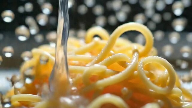 Water with splashes pours on the dry noodles. Macro background. Filmed is slow motion 1000 fps.