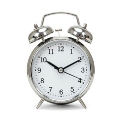  Silver alarm clock with hour, minute and second hands isolated on white background for design projects.