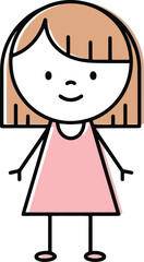 Fototapeta premium A cartoon girl with short brown hair, wearing a pink dress, standing against a white background.