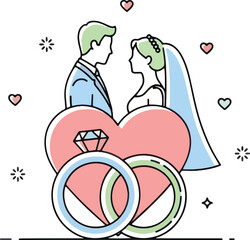 A bride and groom sitting on a heart-shaped cushion with a diamond ring in front of them.