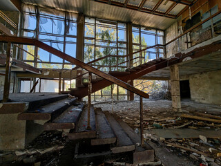 inside a building burned down and destroyed during the war in a city in Ukraine