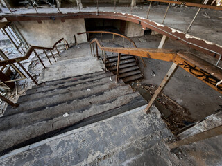 inside a building burned down and destroyed during the war in a city in Ukraine