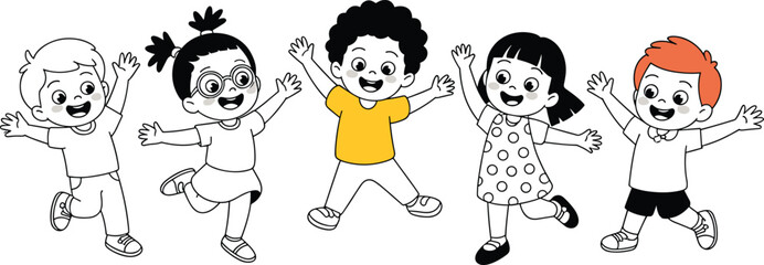 Cartoon children jumping, black and white style, happy kids characters, joyful boys and girls, vector illustration, isolated, playful group, smiling faces