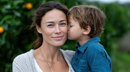 Obraz premium A devoted mother receives a gentle kiss from her son in a picturesque outdoor setting, highlighting their intimate bond amid a vibrant orchard backdrop of oranges.