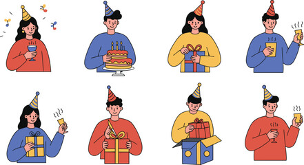 Birthday party characters, people celebrating with cake, drinks, and gifts, festive party hats, cheerful moments, cartoon illustration style