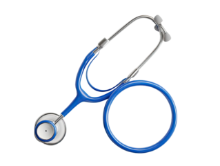 A medical stethoscope, blue and silver