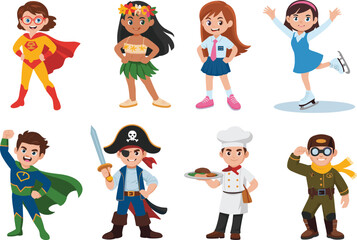 Cartoon kids in costume, superhero, pirate, chef, dancer, skater, student, pilot, vector illustration, colorful, playful, isolated, stock art