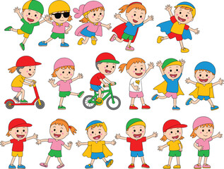 Cartoon kids playing, running, cycling, scootering, wearing colorful clothes, superhero capes, joyful expressions, happy childhood moments, outdoor fun, friendship, teamwork