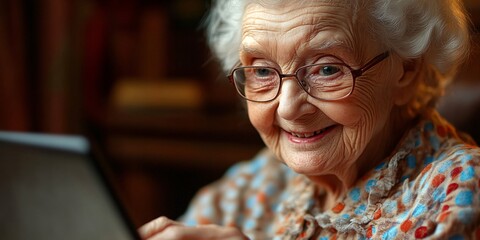 happy elderly woman using tablet with glasses in cozy home setting