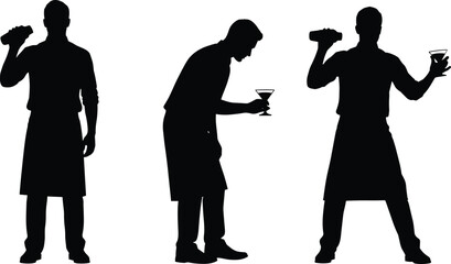Bartender silhouette vector set, cocktail shaker and martini glass poses, mixology, bar service, drink preparation, hospitality illustration collection