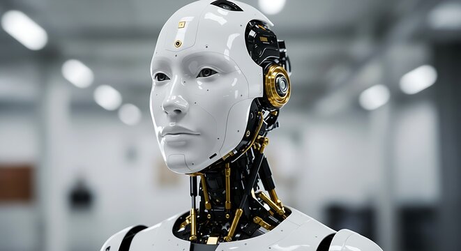 Detailed portrait of a female-like android, its polished white face contrasting with a complex metal endoskeleton - Powered by Adobe