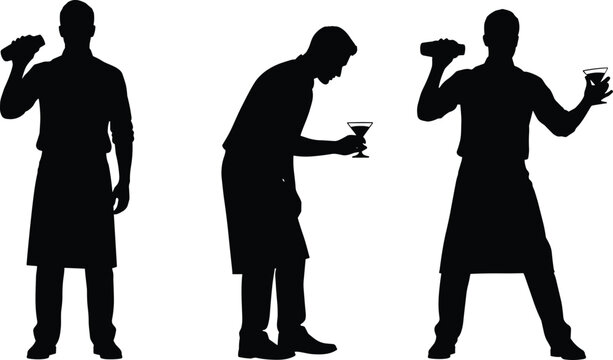 Bartender silhouette vector set, cocktail shaker and martini glass poses, mixology, bar service, drink preparation, hospitality illustration collection - Powered by Adobe