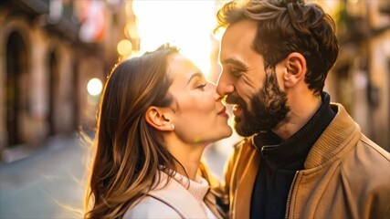 Couple kissing outdoors sunny day