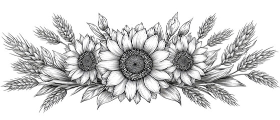 A grayscale floral design featuring sunflowers and wheat