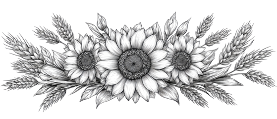 A grayscale floral design featuring sunflowers and wheat