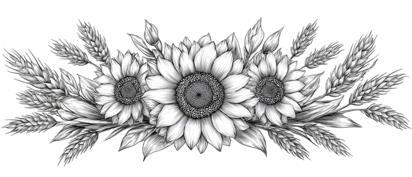 A grayscale floral design featuring sunflowers and wheat
