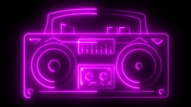 Retro Neon Radio And Cassette Stereo Recorder Animated glowing neon-style radio icon . Tape recorder neon sign board icon concept. Glowing neon radio icon isolated on black background.