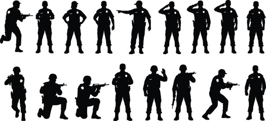 Police officer silhouette vector set, law enforcement poses, armed and unarmed stances, security, patrol, salute, tactical action illustration collection